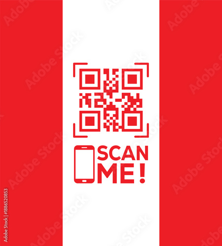 Red QR code icon with "SCAN ME!" text and smartphone symbol on a white vertical strip between red panels. Modern vector graphic for mobile links, contactless payments, and digital marketing.