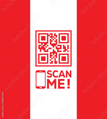 Red QR code icon with "SCAN ME!" text and smartphone symbol on a white vertical strip between red panels. Modern vector graphic for mobile links, contactless payments, and digital marketing.