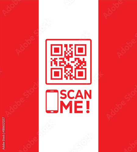 Red QR code icon with "SCAN ME!" text and smartphone symbol on a white vertical strip between red panels. Modern vector graphic for mobile links, contactless payments, and digital marketing.