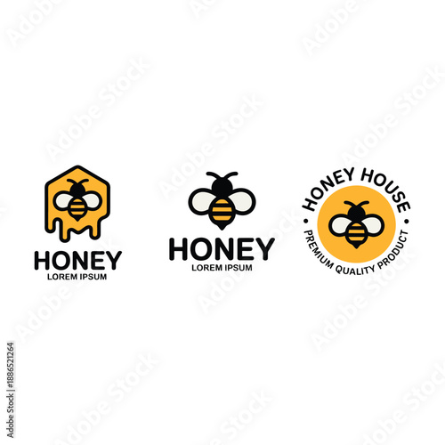 Honey house premium quality product logos with bees and honeycombs icon