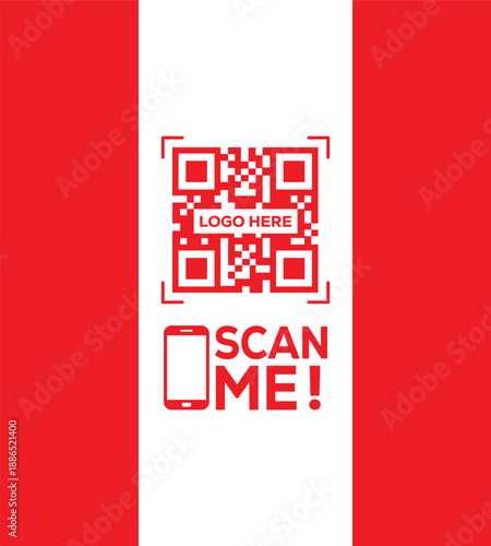 Red QR code icon with "SCAN ME!" text and smartphone symbol on a white vertical strip between red panels. Modern vector graphic for mobile links, contactless payments, and digital marketing.