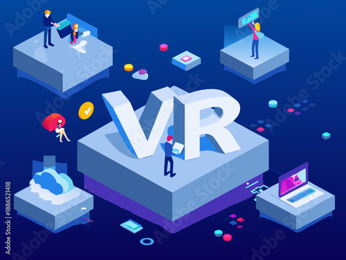 Virtual reality technology illustration with people platforms and devices depicted