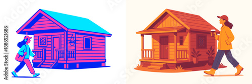 Colorful vector illustration of a woman walking past a cozy cabin