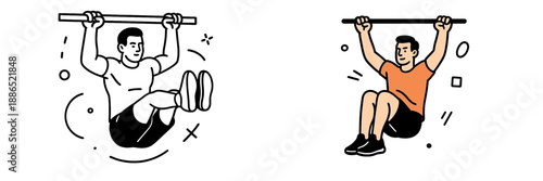 Two men engage in pull-up exercises using a horizontal bar