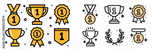 Various gold trophies and awards for first place achievements