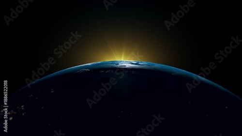 Cinematic Sunrise Over Earth Horizon from Space with Golden Planet Glow and Solar Flare