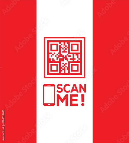 Red QR code icon with "SCAN ME!" text and smartphone symbol on a white vertical strip between red panels. Modern vector graphic for mobile links, contactless payments, and digital marketing.