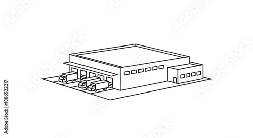 Warehouse with Loading Docks and Trucks Industrial Building Illustration.