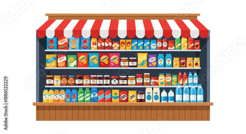Colorful Grocery Store Shelf Displayed with Various Food Products.
