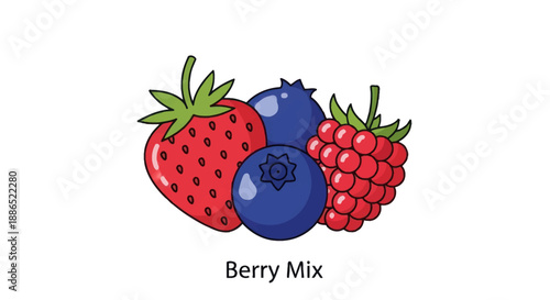 Colorful Berry Mix Illustration with Fresh Strawberry Raspberries and Blueberries.
