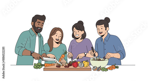 Group of friends preparing food together chopping vegetables on a wooden cutting board.