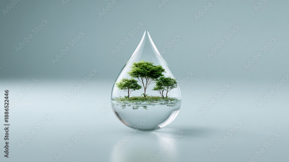 Obraz premium 3D water droplet containing a miniature 3D forest inside, surrealism, high-end 3D render, soft lighting, copy space