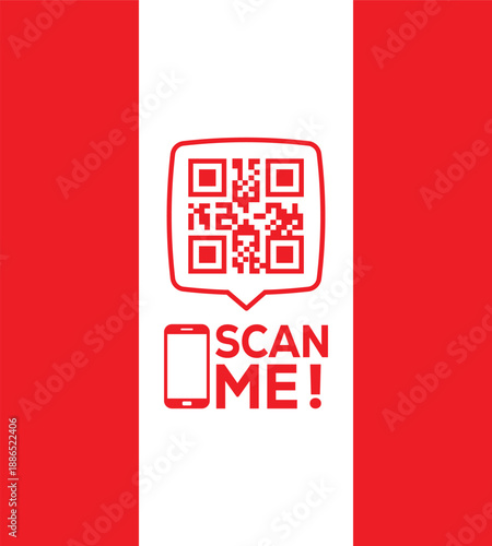 Red QR code icon with "SCAN ME!" text and smartphone symbol on a white vertical strip between red panels. Modern vector graphic for mobile links, contactless payments, and digital marketing.