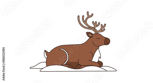 A cartoon reindeer with large antlers resting peacefully in the snow.