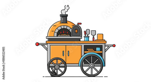 Mobile Pizza Oven Cart with Wood-Fired Stove and Utensils.