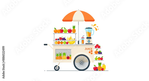 Colorful Fruit Juice Stand with Umbrella and Fresh Produce.