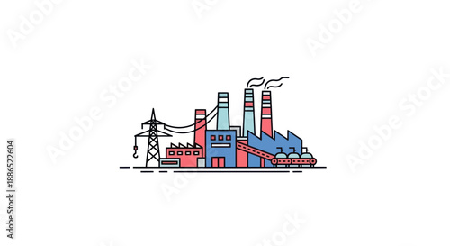 Colorful Industrial Factory with Chimneys and Power Lines Minimalist Style.