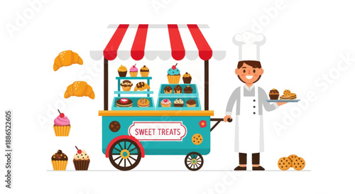 Cheerful Baker with Sweet Treats Cart Offering Delicious Pastries.