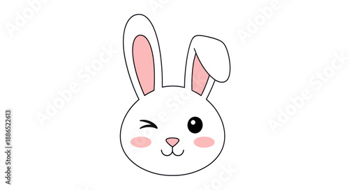 Cute White Cartoon Rabbit Head Winking with Pink Cheeks.