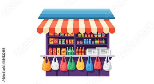 Colorful Small Market Stall with Striped Awning and Various Products.