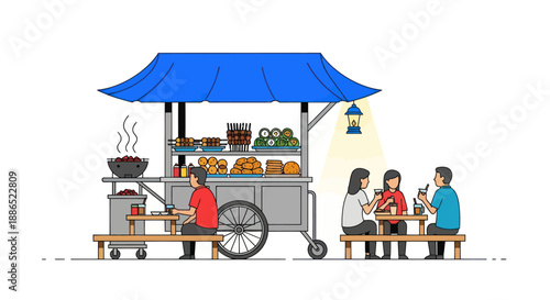 Street Food Cart with Blue Canopy and Customers Enjoying Meals at Tables.