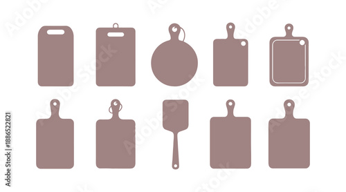 Kitchen Cutting Boards Collection in Vector. Cutting Boards That Have Handles, Various Shapes Included. Wooden Chopping Board Silhouettes, Along with Kitchen Utensils. Illustration