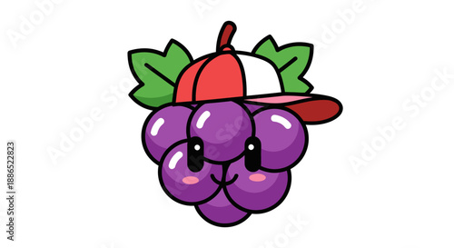 Cartoon Bunch of Purple Grapes Wearing a Red and White Baseball Cap.