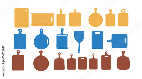 Vector Set of Kitchen Cutting Boards. Cutting Boards Featuring Handles, Various Shapes. Silhouettes of Wooden Chopping Boards, Kitchen Utensils. Tools for Cutting Boards, Illustration 