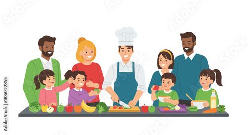 Family Cooking Together with Chef Preparing Food on Table.