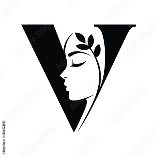 Minimalist woman face profile with leafy headband in large letter V symbol icon