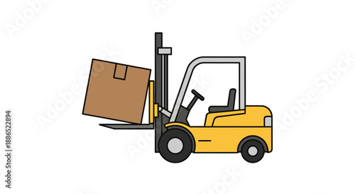 Yellow Forklift Truck Lifting a Cardboard Box.