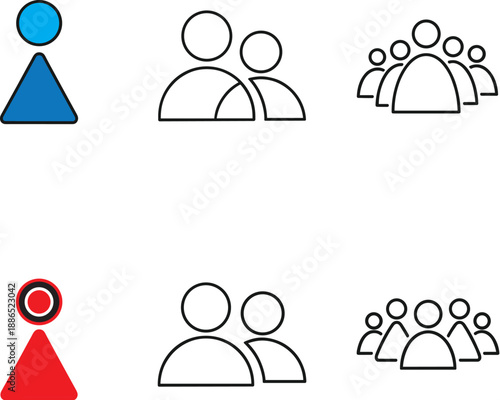 User and Group Icon Set Featuring Single Person Profiles Pairs and Crowd Symbols in Colorful and Outline Designs for Social Media and UI
