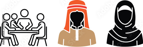 Middle Eastern Culture Icon Set Featuring Meeting Room Collaboration and Traditional Muslim Male and Female Avatars for Cultural Diversity Design