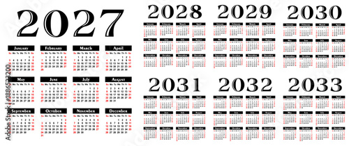 A set calendar templates for a year 2027 - 2033.
