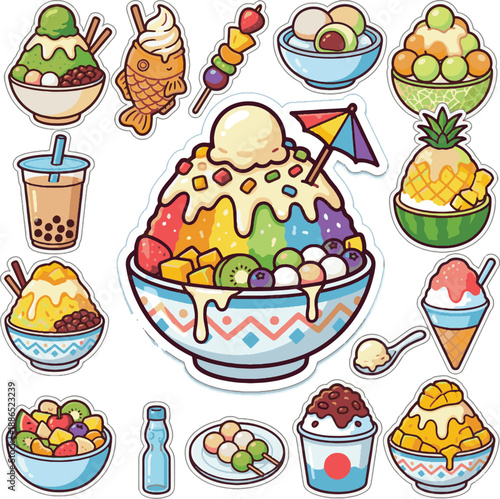 Cute Rainbow Shaved Ice Bowl Vector Sticker. Colorful Bingsu dessert with fruits, mochi, and condensed milk isolated