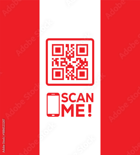 Red QR code icon with "SCAN ME!" text and smartphone symbol on a white vertical strip between red panels. Modern vector graphic for mobile links, contactless payments, and digital marketing.