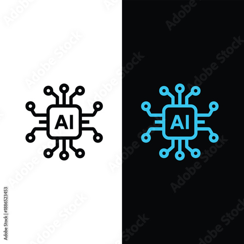 Artificial intelligence circuit board icons in black and blue colors icon