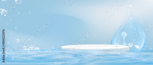 White podium on water surface with blue background,bubbles and molecular structure for cosmetic,skincare,hydration,beauty product display backdrop presentations,Clear water drop and empty stand mockup