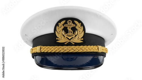 White captain s hat with gold anchor emblem isolated PNG, maritime uniform for navy officer or yacht skipper on transparent background