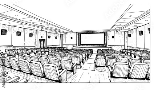 Black and White Cinema Interior Engraved Sketch Vector Illustration