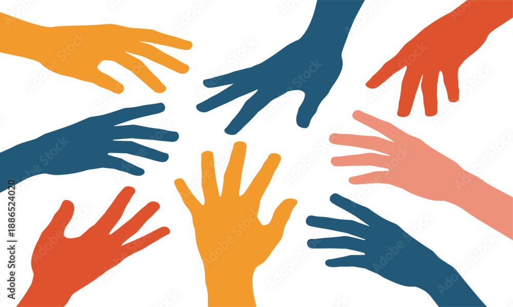 Obraz premium Colorful human hands reaching together vector illustration symbolizing unity teamwork diversity cooperation community support and social connection concept