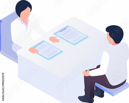 Isometric illustration depicts a job interview with two people at a desk