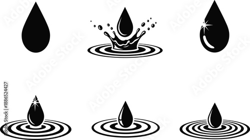 Black and white water droplet icons, ripple effects, splash symbols, glossy reflections, minimal style, clean vector design elements, isolated illustrations