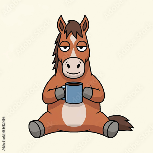 A relaxed cartoon horse enjoys a beverage in a serene environment from a front viewpoint