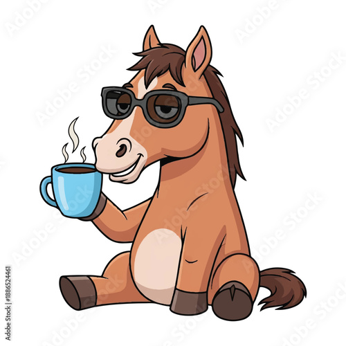 A cartoon horse wearing sunglasses and holding a steaming coffee cup sits relaxed on the ground.