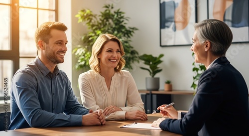 Happy couple meeting financial advisor in modern office