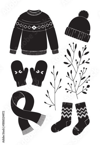 Black and white of winter clothing and twigs sweater mittens