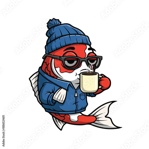 A cartoon koi fish wearing winter clothes and sunglasses holding a mug of coffee