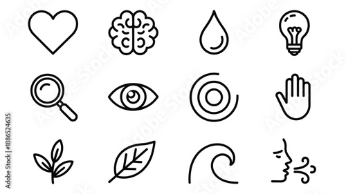 Black line of heart brain water droplet lightbulb magnifying glass eye hand leaves and wave white