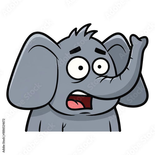 Surprised Elephant Cartoon with Upturned Trunk and Open Mouth Expression in Minimalist Environment
